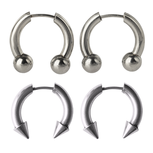 Set of 2 Pairs of Spike and Ball Fake Gauge Horseshoe Barbells - 316L Stainless Steel