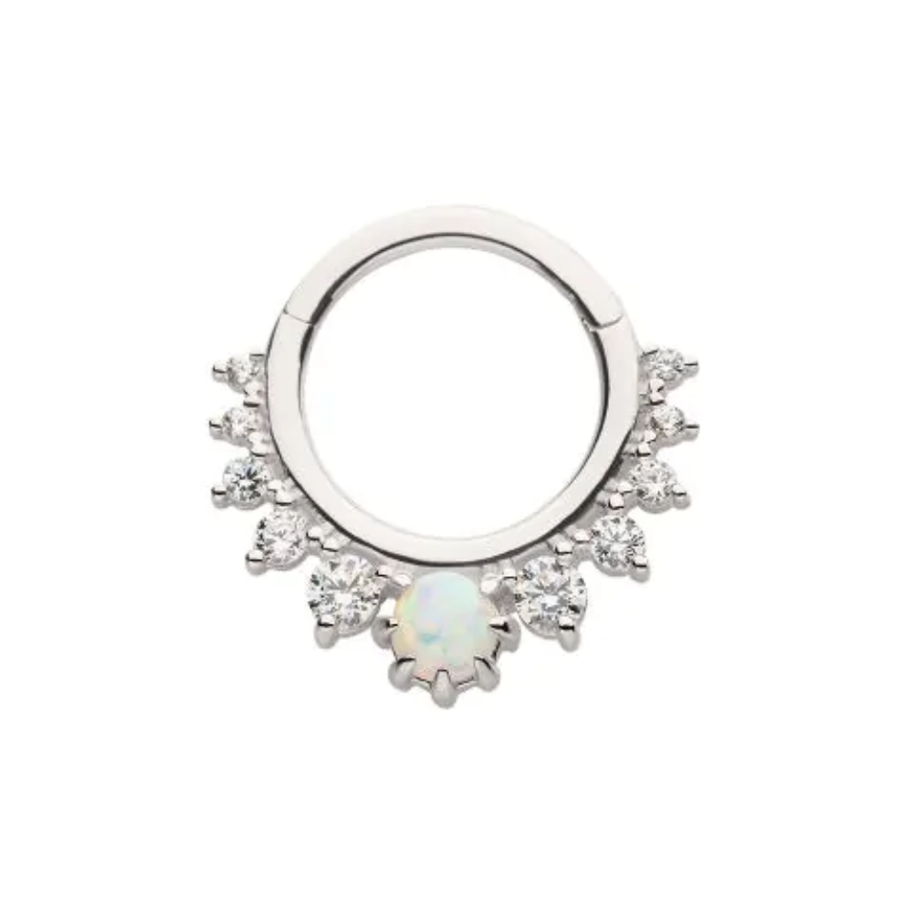 White Opal & CZ Gem Cluster Front Facing Hinged Segment Clicker - 14kt White Gold