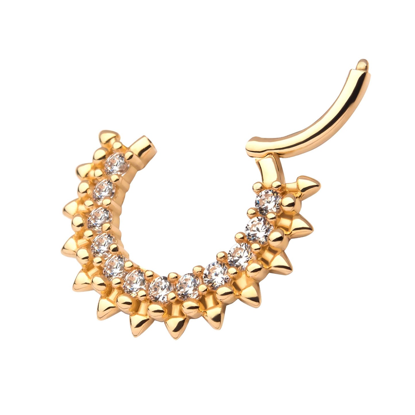 CZ Crystal and Spike Lined Front Hinged Segment Clicker Ring - 14kt Gold