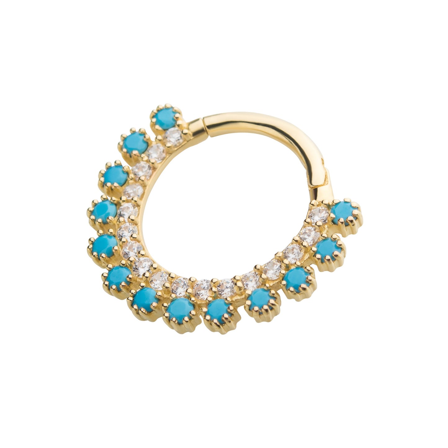 Synthetic Turquoise and CZ Crystal Lined Hinged Segment Clicker Ring - 14kt Gold