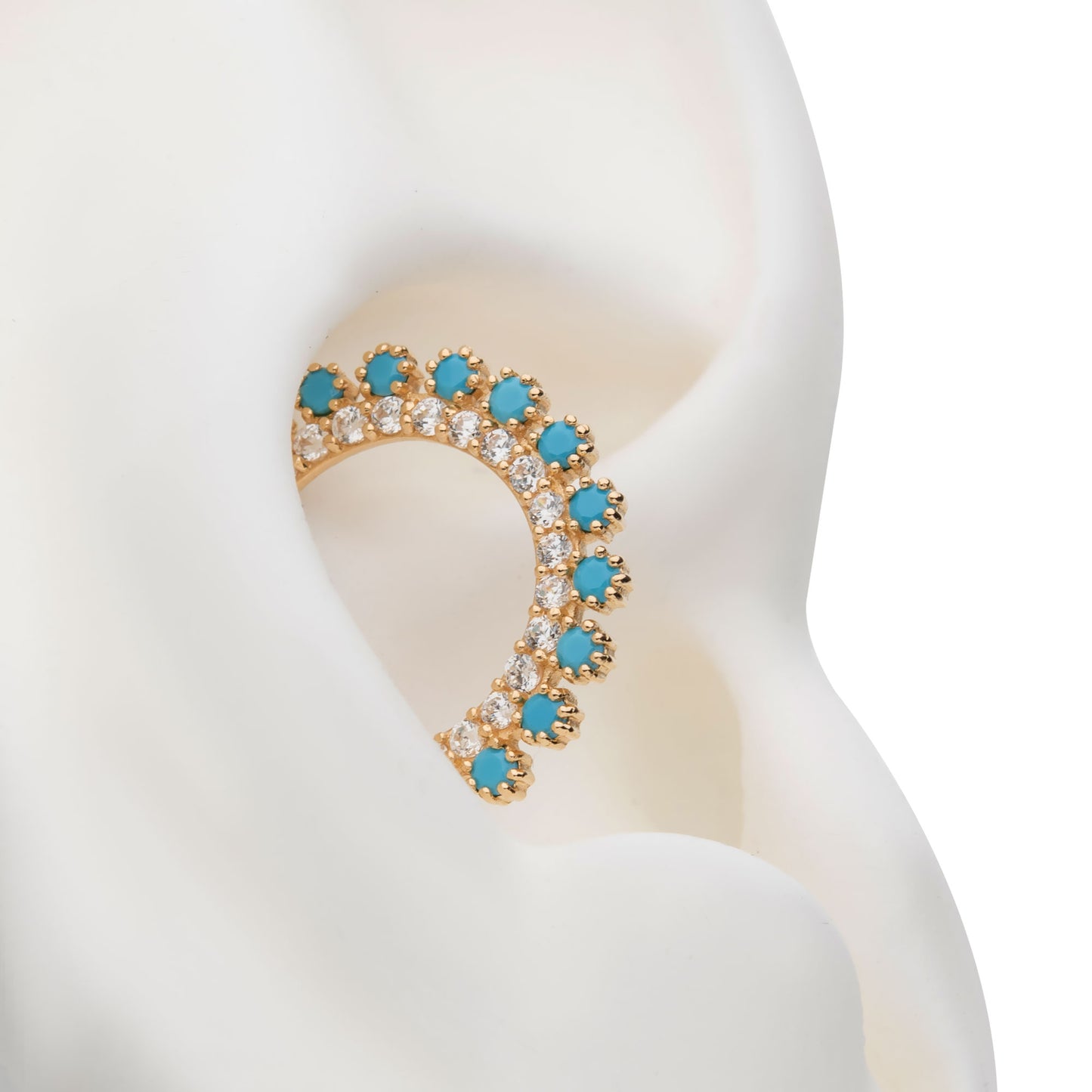 Synthetic Turquoise and CZ Crystal Lined Hinged Segment Clicker Ring - 14kt Gold