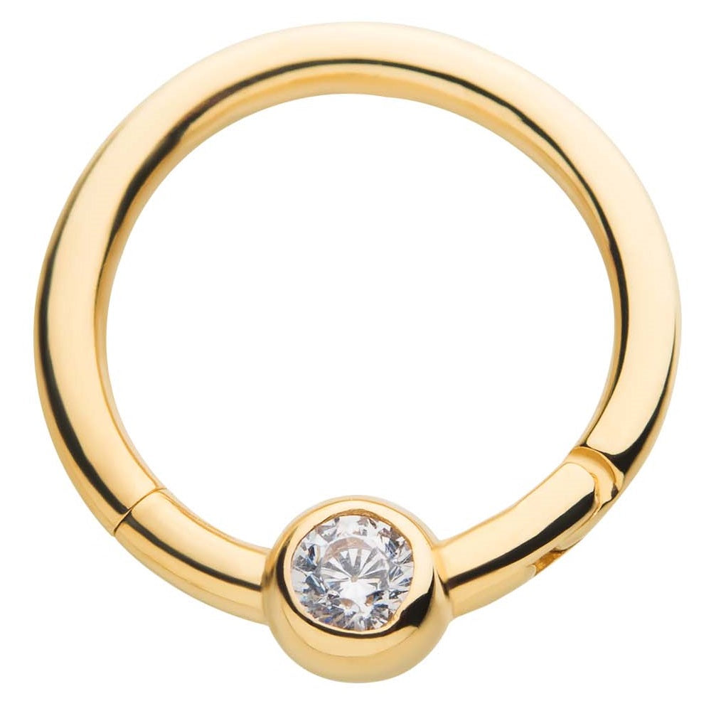 Bezel Set CZ Crystal Center Hinged Segment Clicker Ring - 14kt Gold