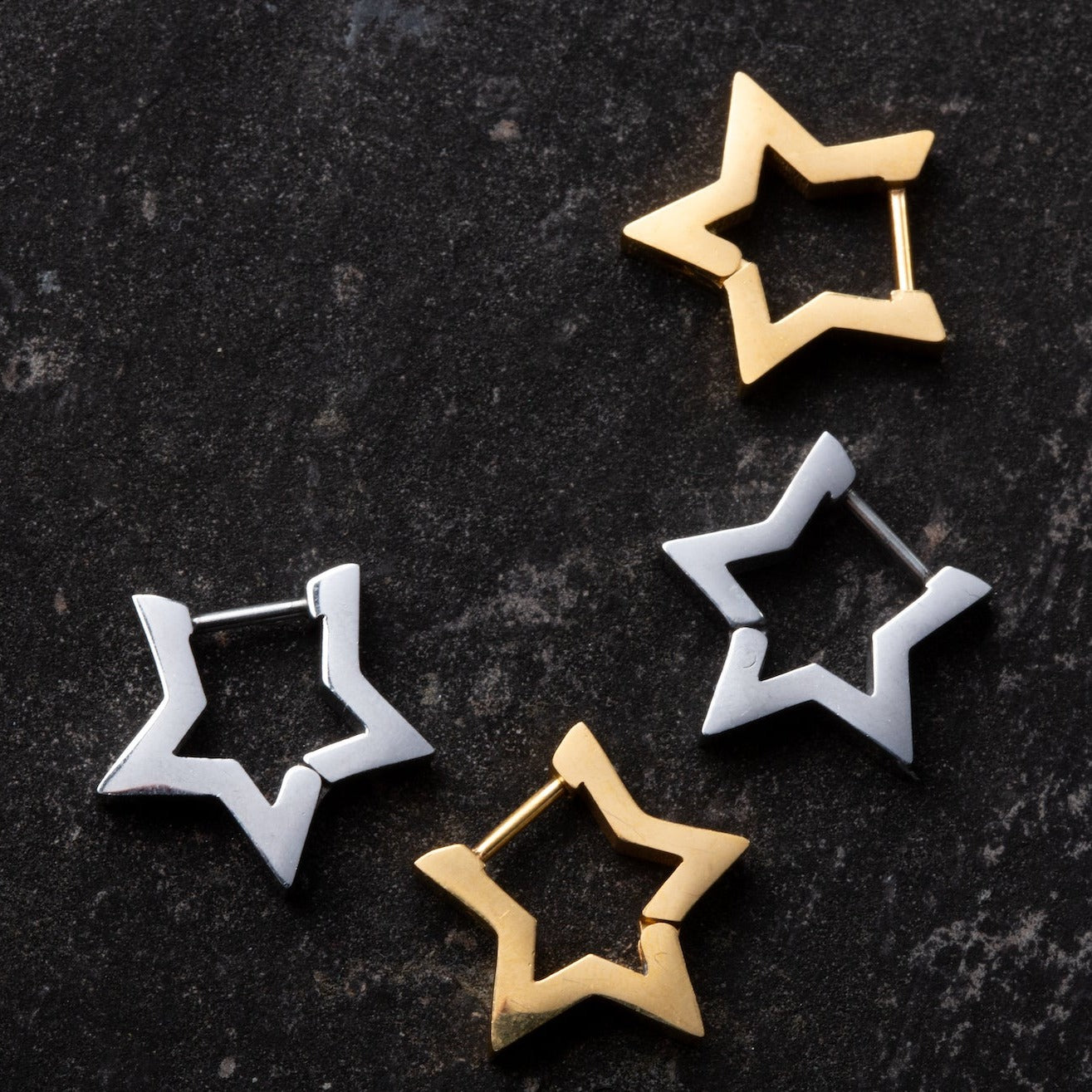 Star Shaped Outline Huggie Hoop Earrings - Pair - 316L Stainless Steel