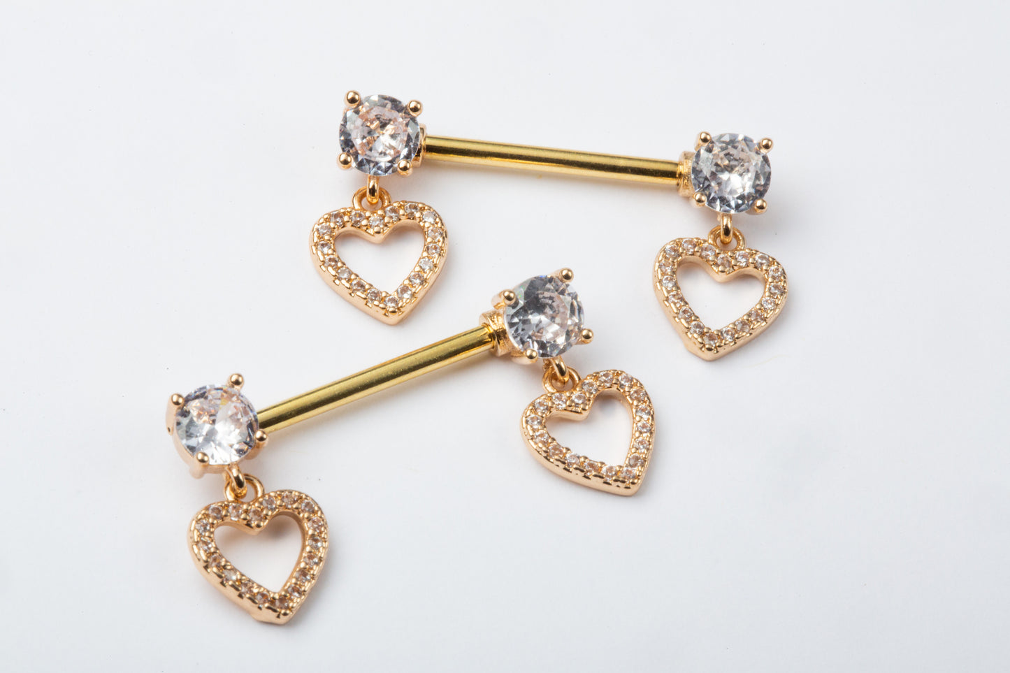Prong Set CZ Crystal with Dangling Heart Nipple Barbells - Pair - 316L Stainless Steel