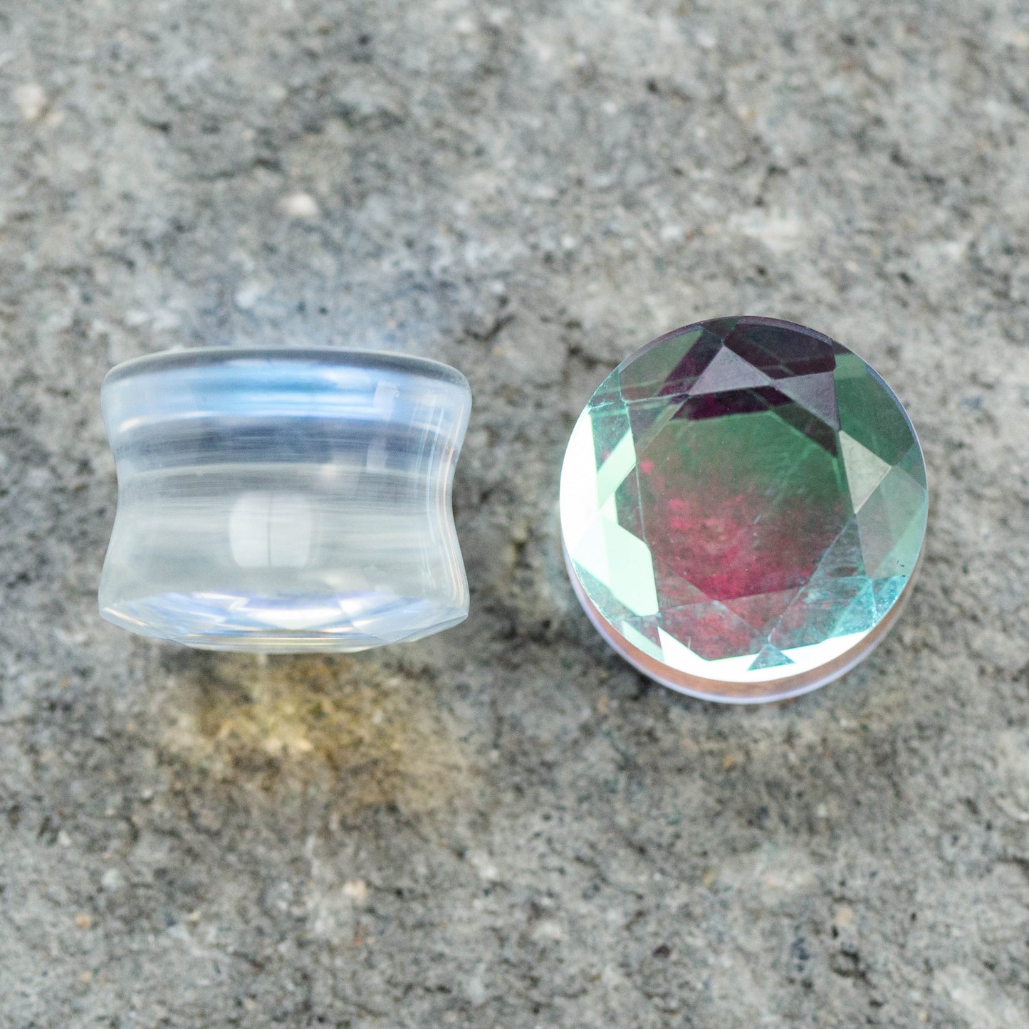 Iridescent Glass Faceted Double Flared Saddle Plug Gauges - Pair
