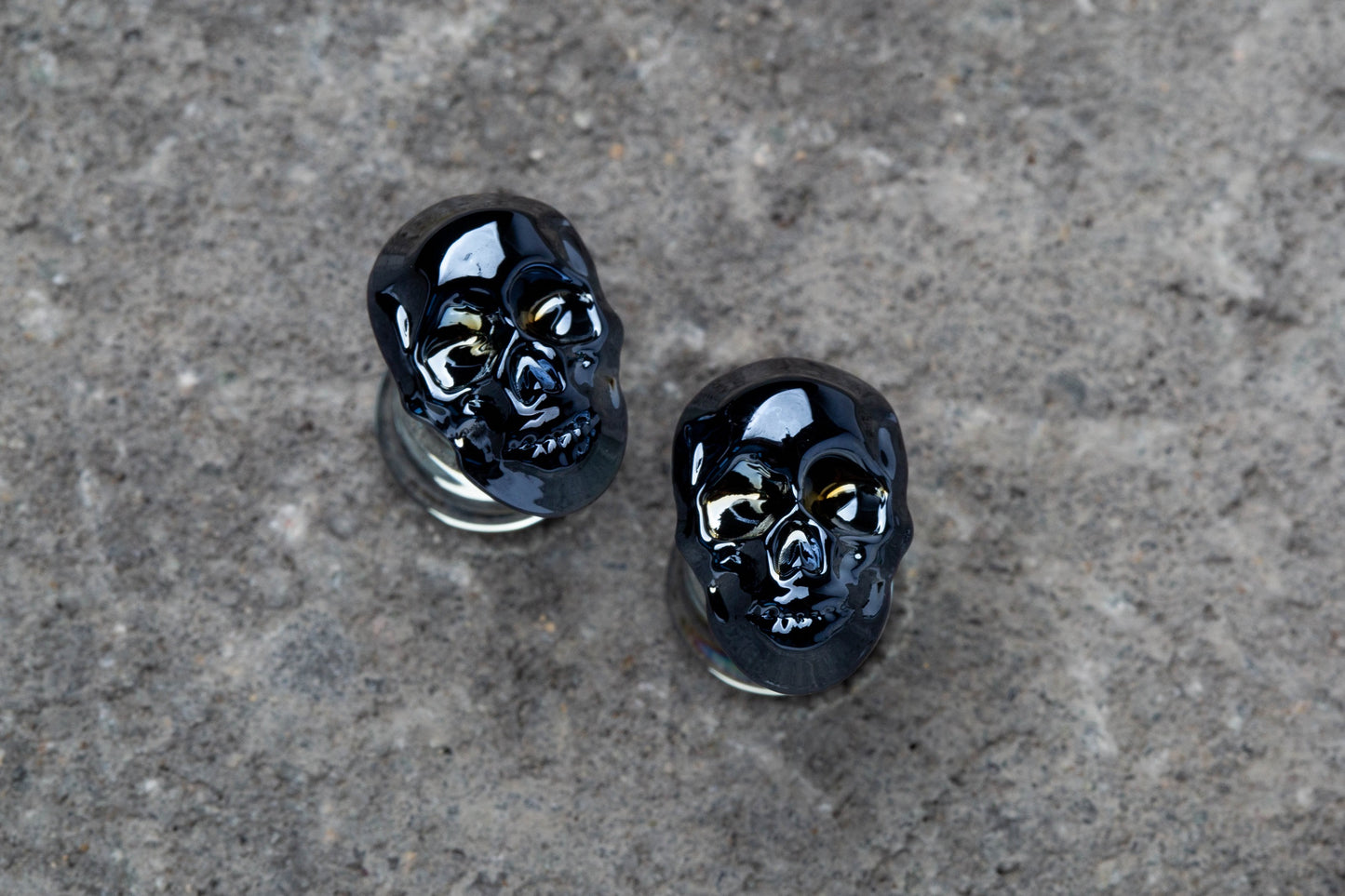 Glass Metallic Blue Skull Double Flared Plugs - Pair