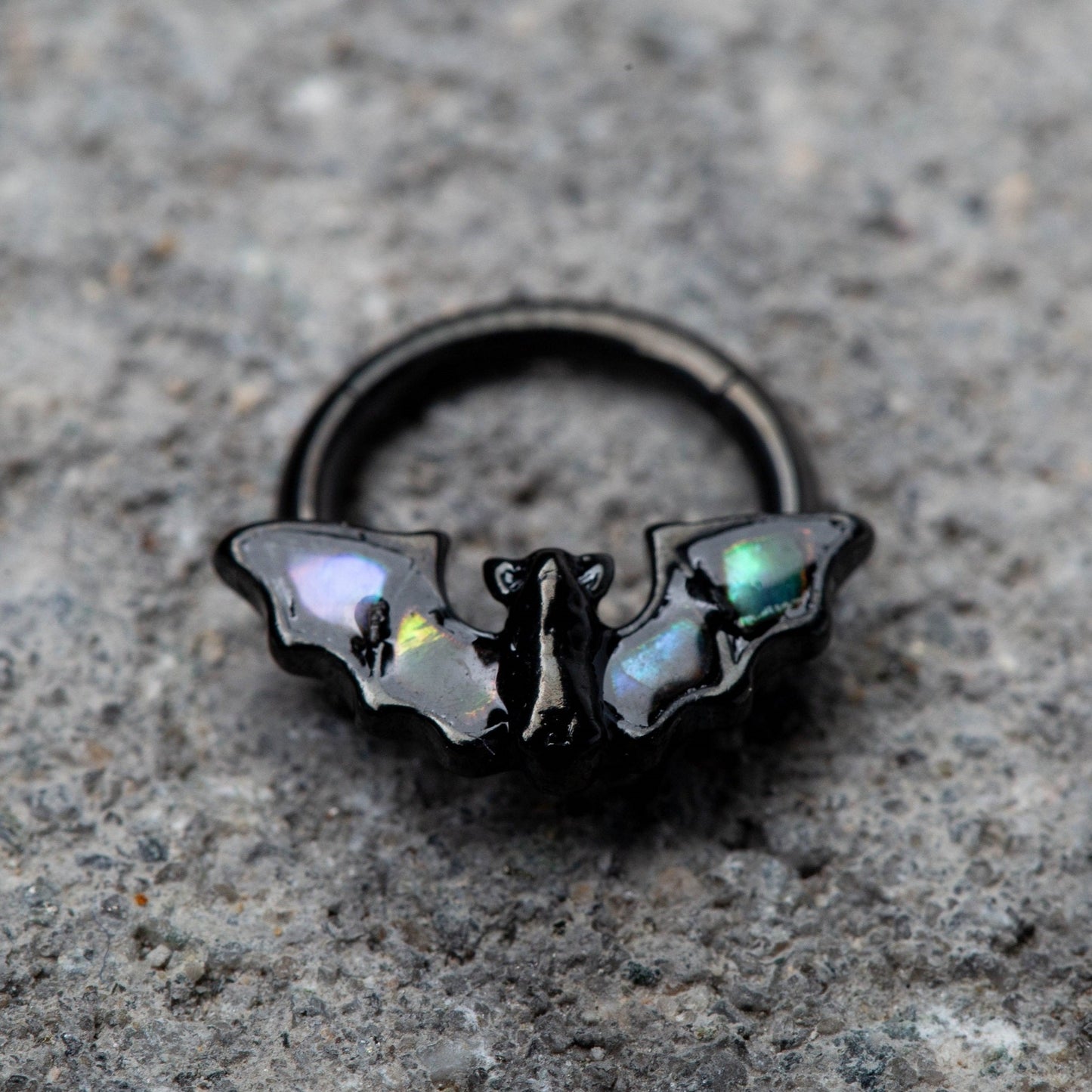 Bat with Abalone Shell Wings Hinged Segment Ring - 316L Stainless Steel