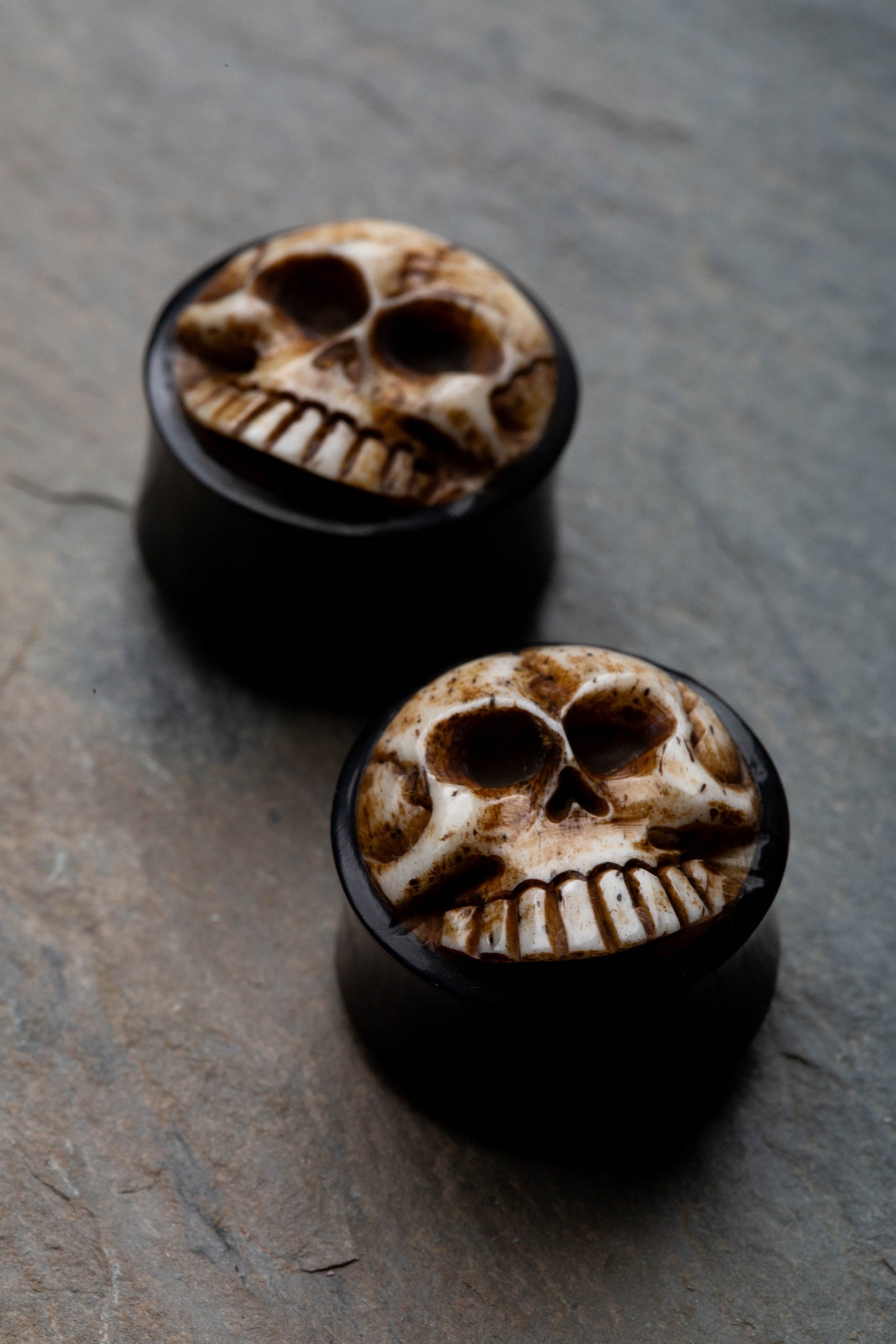 3D Skull Hand Carved Organic Buffalo Horn Double Flared Plugs