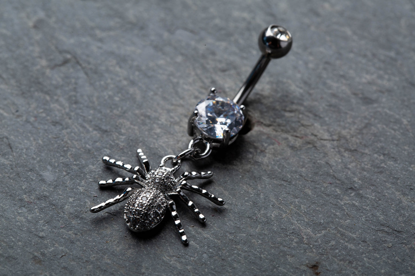 CZ Crystal Paved Spider Dangling Belly Button Ring - 316L Stainless Steel