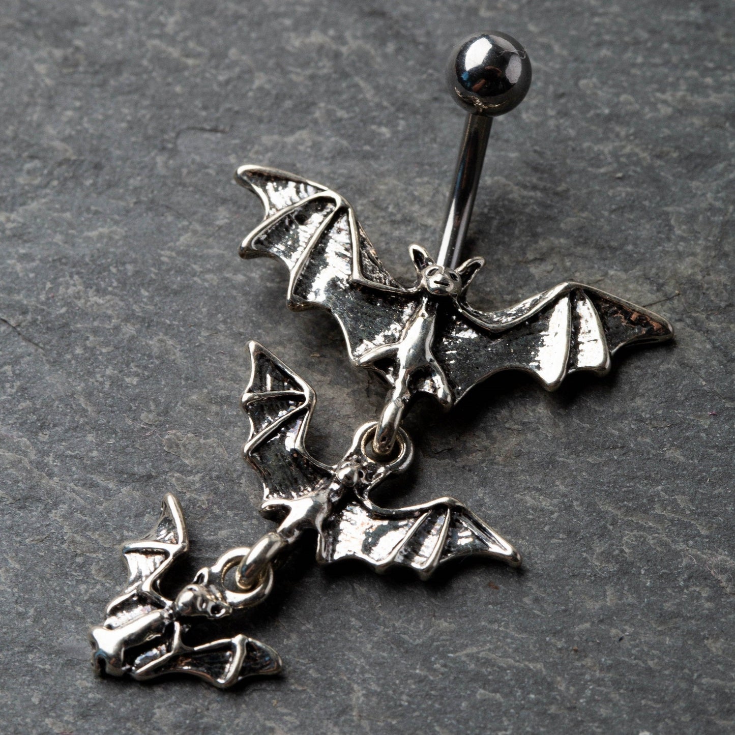 Gothic Triple Vampire Bat Dangling Belly Button Ring - Stainless Steel