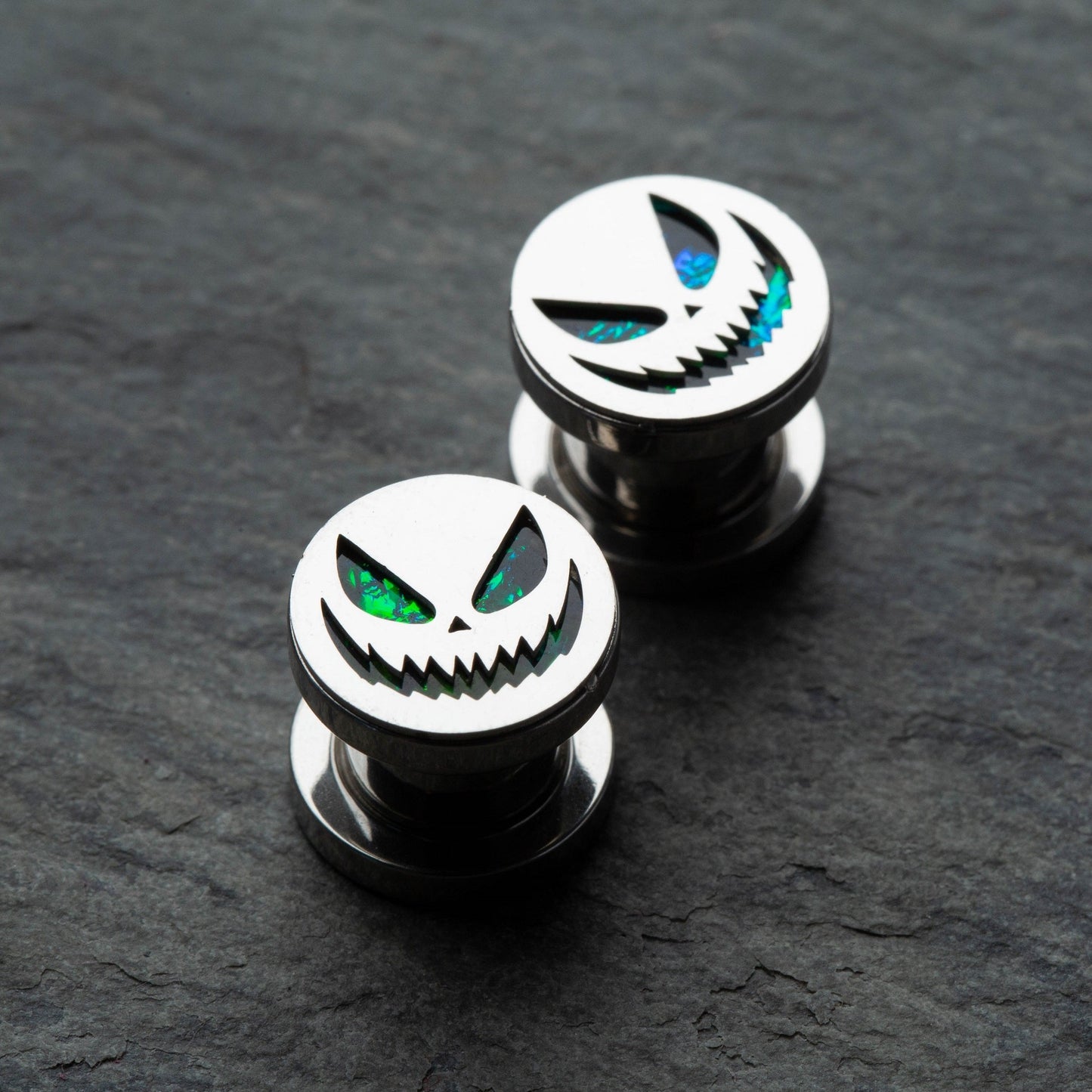 Green Glitter Spooky Halloween Smile Screw Fit Plugs - 316L Stainless Steel - Pair