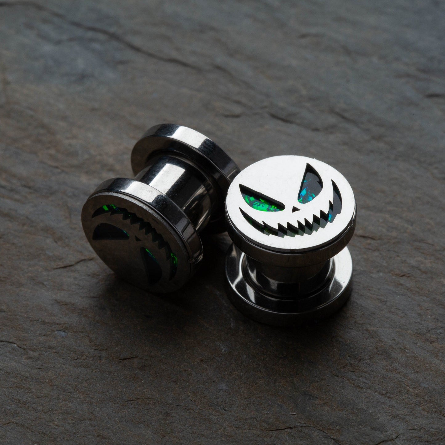 Green Glitter Spooky Halloween Smile Screw Fit Plugs - 316L Stainless Steel - Pair