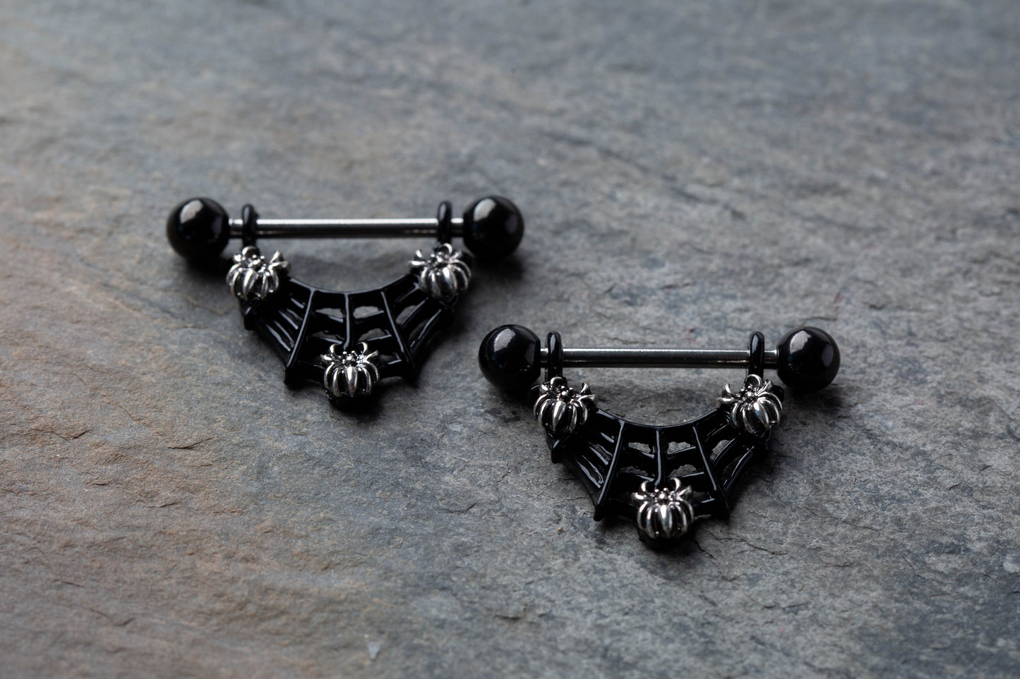 Dangling Spiderweb and Spiders Nipple Rings - Stainless Steel - Pair