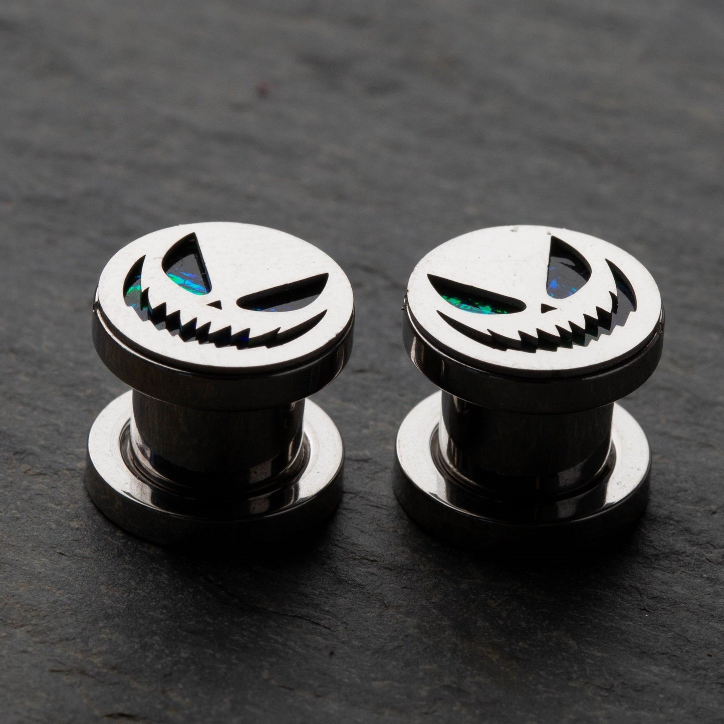 Green Glitter Spooky Halloween Smile Screw Fit Plugs - 316L Stainless Steel - Pair