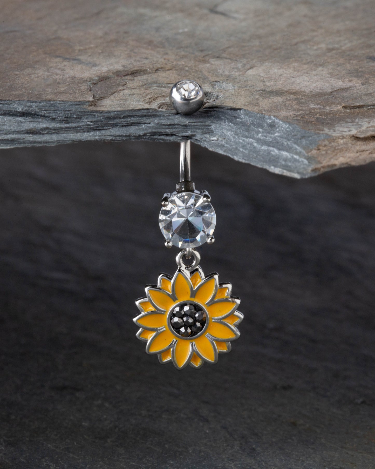 Clear CZ Crystal Summer Sunflower Dangle Belly Button Ring - Stainless Steel