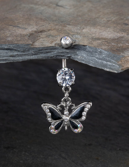 CZ Crystal Butterfly Dangling Belly Button Ring - Stainless Steel