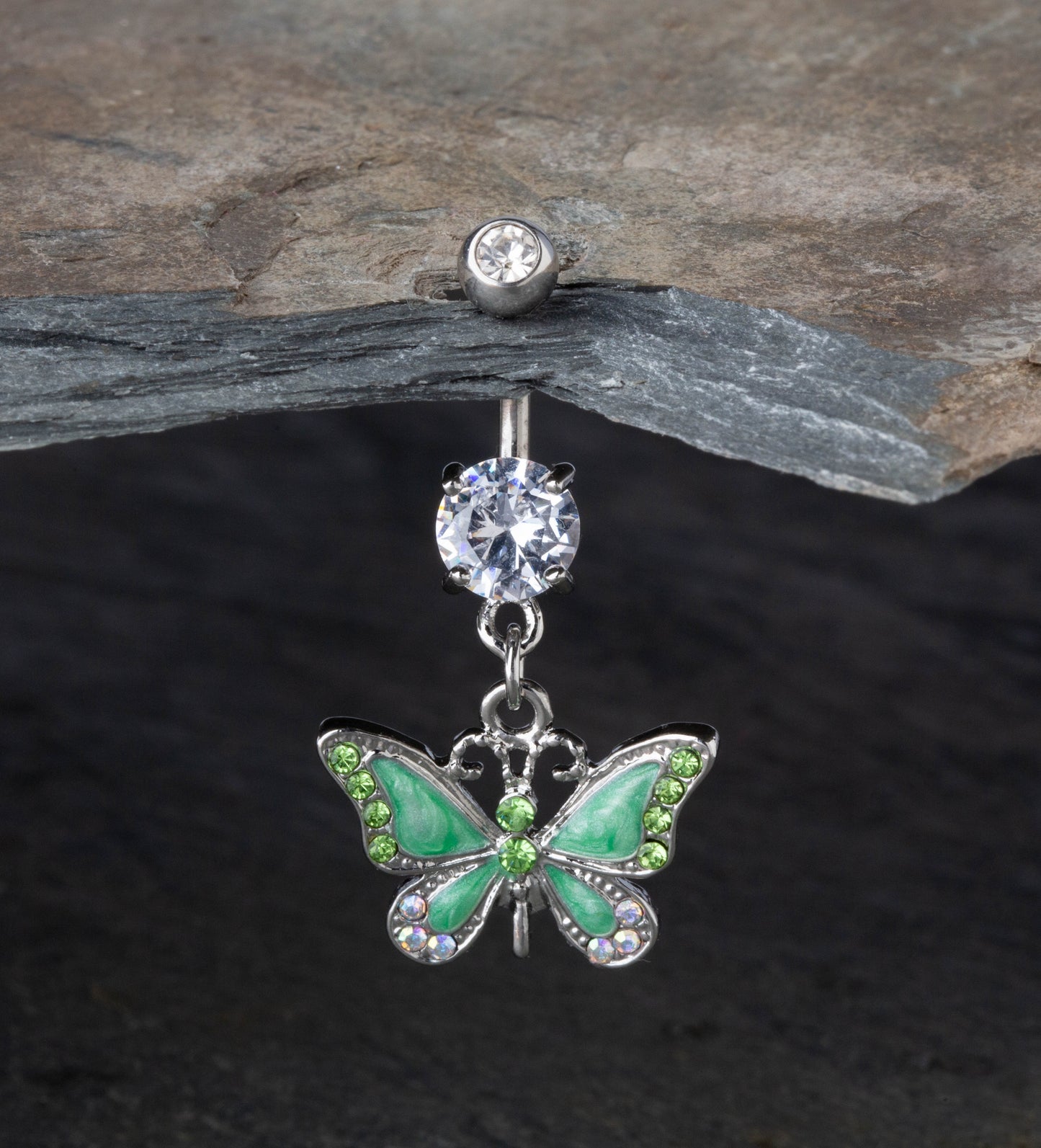 CZ Crystal Butterfly Dangling Belly Button Ring - Stainless Steel