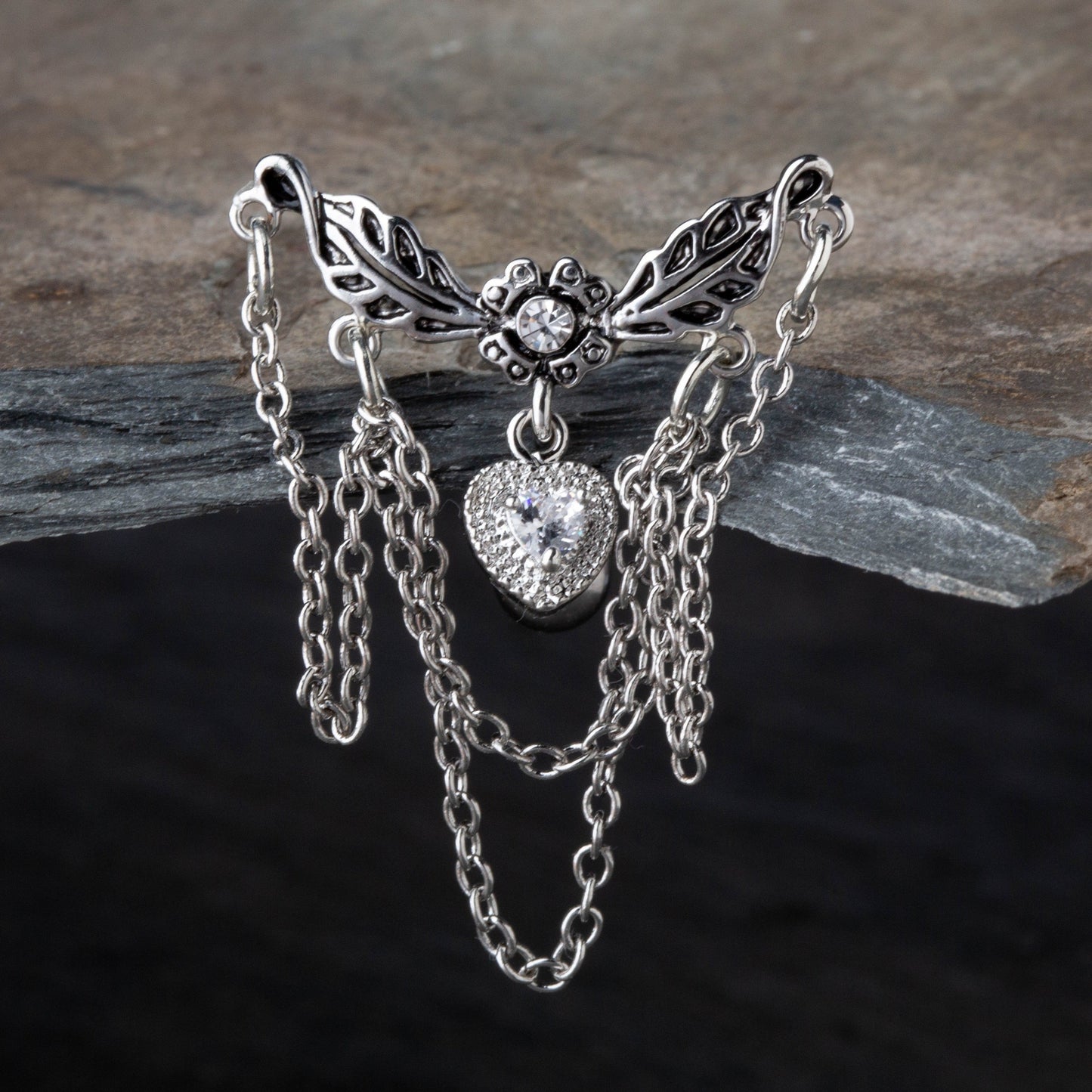 Leaflet Chandelier Chained Heart Top Down Dangling Belly Button Ring - 316L Surgical Steel