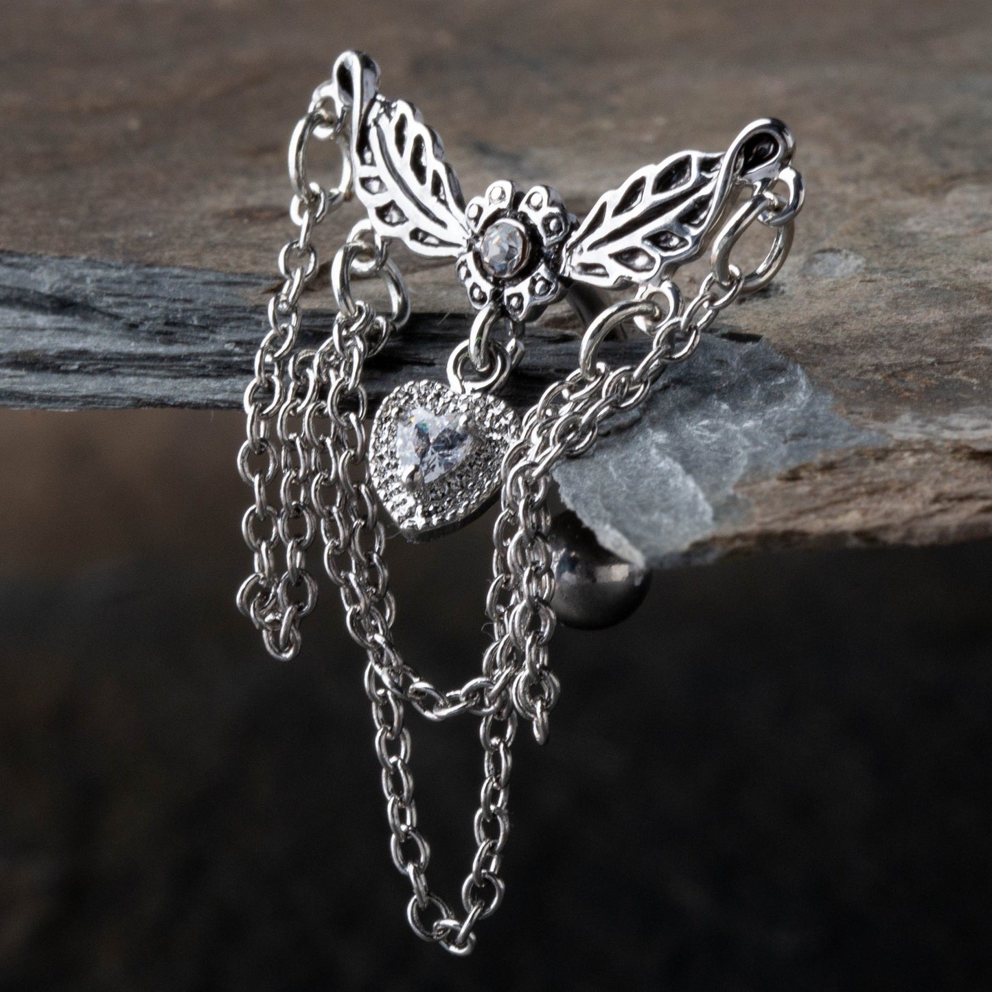 Leaflet Chandelier Chained Heart Top Down Dangling Belly Button Ring - 316L Surgical Steel