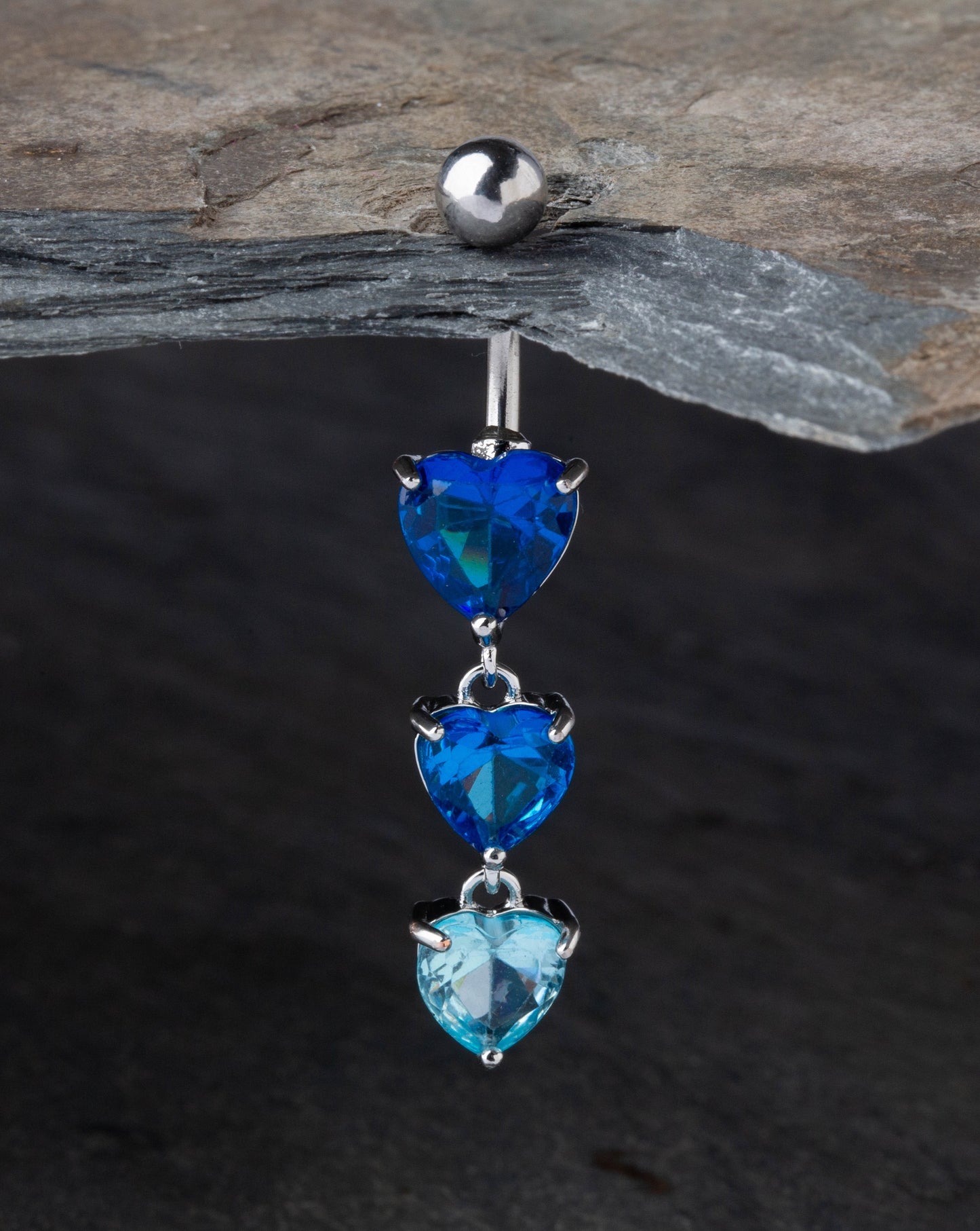 Triple Blue CZ Crystal Hearts Dangling Belly Button Ring - 316L Stainless Steel