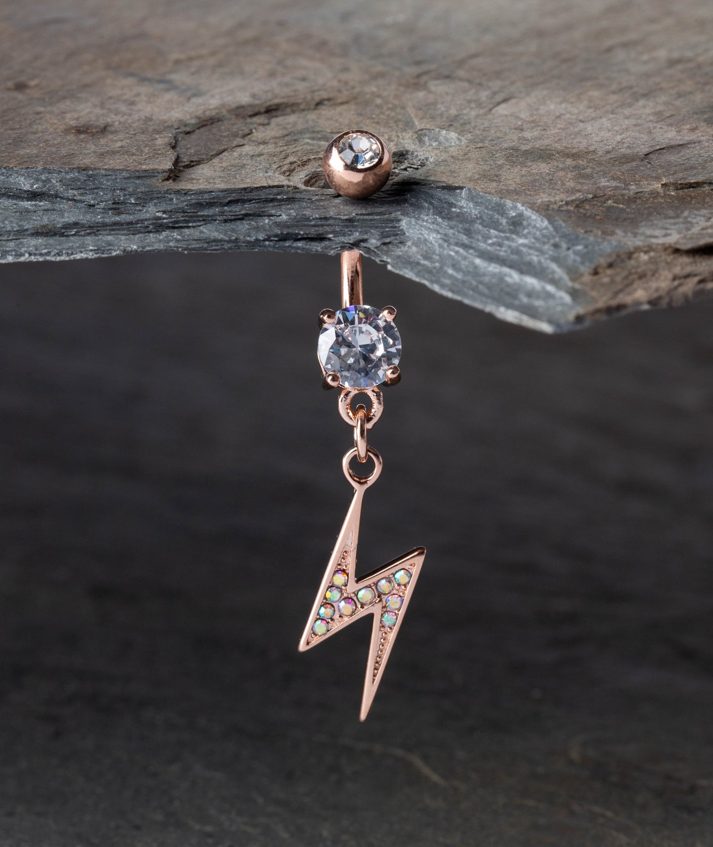 Dangling Lightning Bolt Paved with AB CZ on Double Jeweled Belly Button Ring - 316L Stainless Steel
