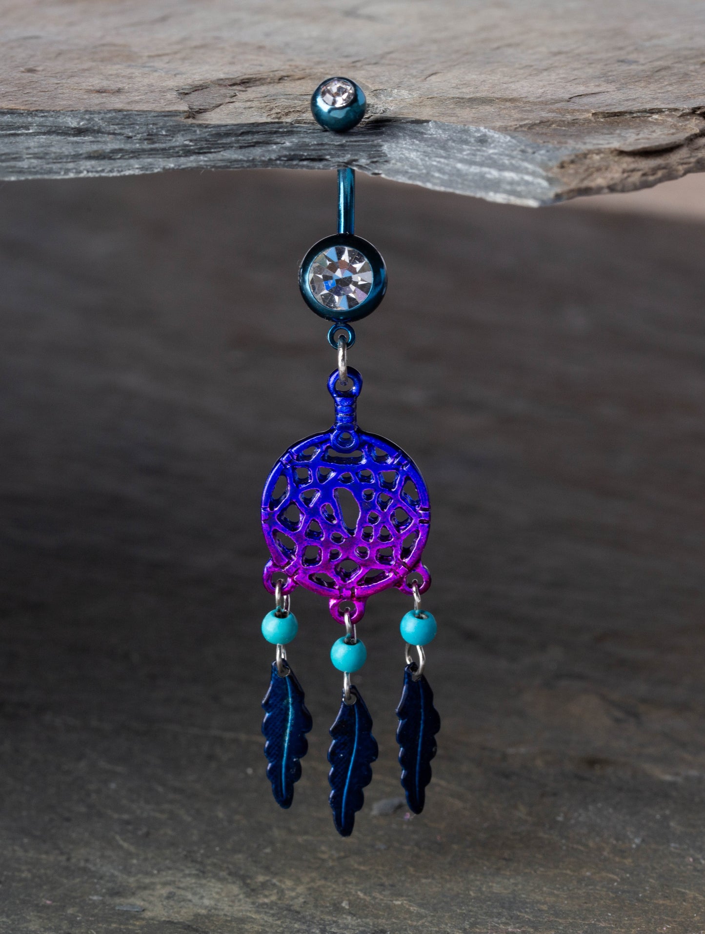 CZ Crystal Blue and Purple Ombre Dream Catcher Dangling Belly Button Ring - Stainless Steel