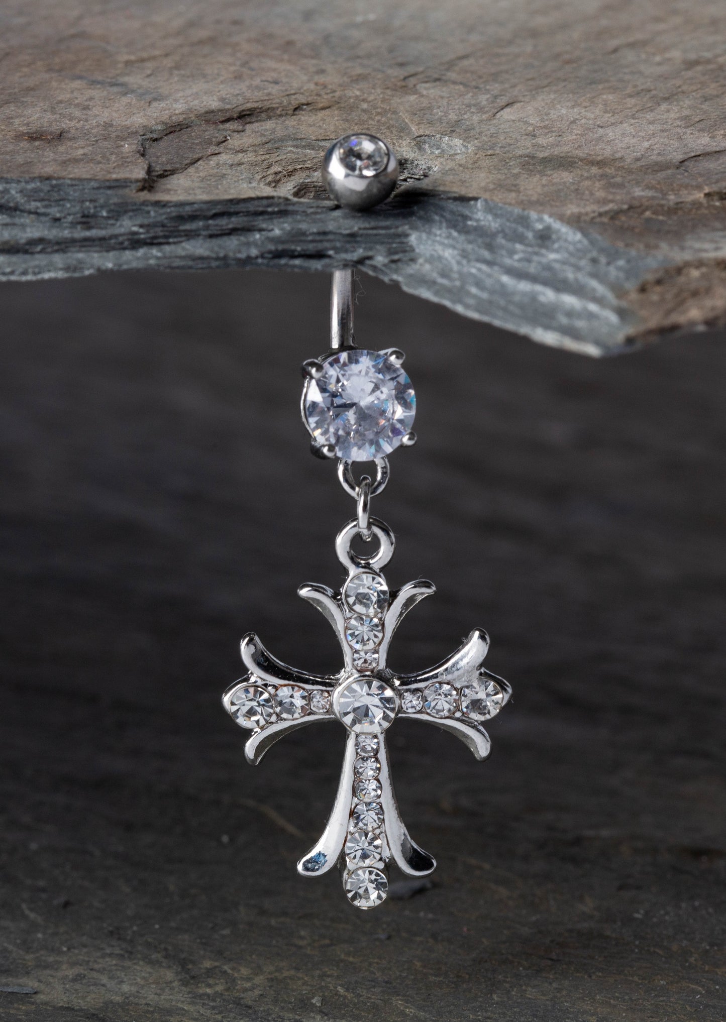 Celtic Cross with Paved Gems Dangling Belly Button Ring - 316L Surgical Steel