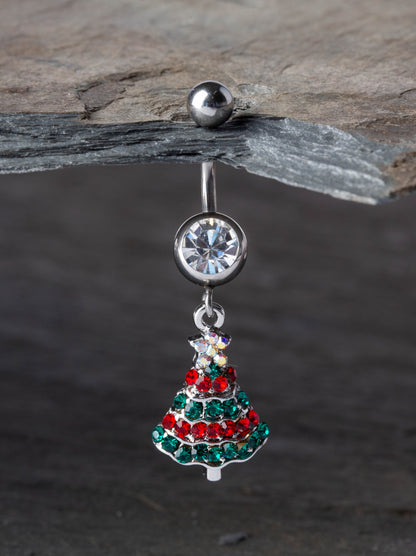 Red and Green CZ Crystal Paved Christmas Tree Dangling Belly Button Ring - 316L Stainless Steel