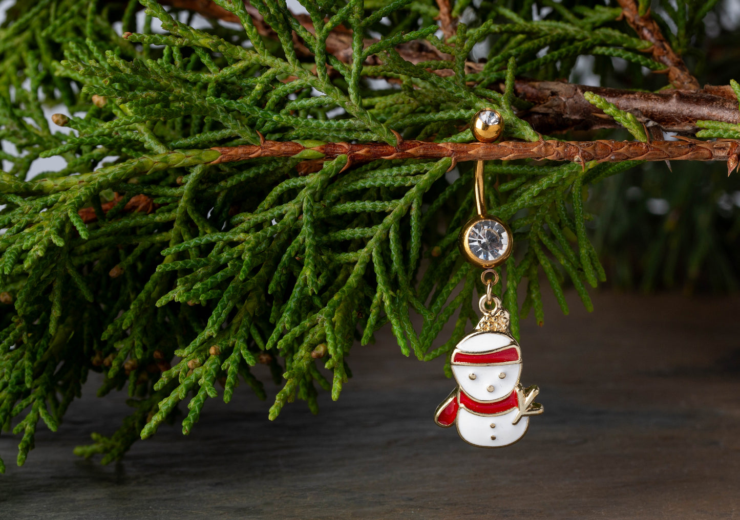 CZ Crystal Snowman Dangling Belly Button Ring - Gold Plated 316L Stainless Steel