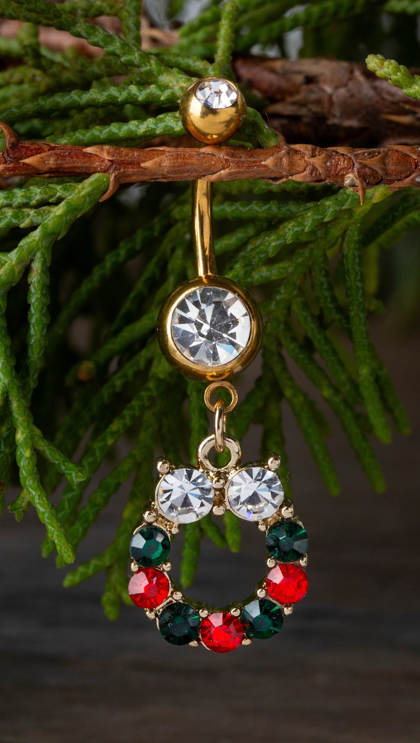 CZ Crystal Christmas Crystal Wreath Dangling Belly Button Ring - Gold Plated 316L Stainless Steel