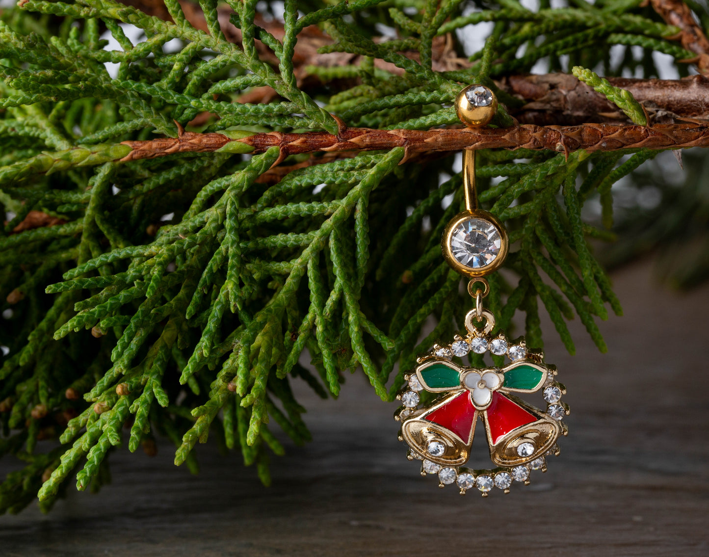 CZ Crystal Christmas Bell Wreath Dangling Belly Button Ring - Gold Plated 316L Stainless Steel