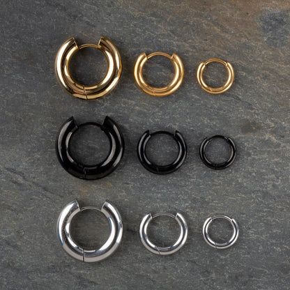 Set of 3 Pairs of Classic Round Hinged Huggie Hoop Earrings - 316L Stainless Steel