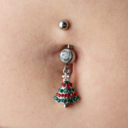 Red and Green CZ Crystal Paved Christmas Tree Dangling Belly Button Ring - 316L Stainless Steel