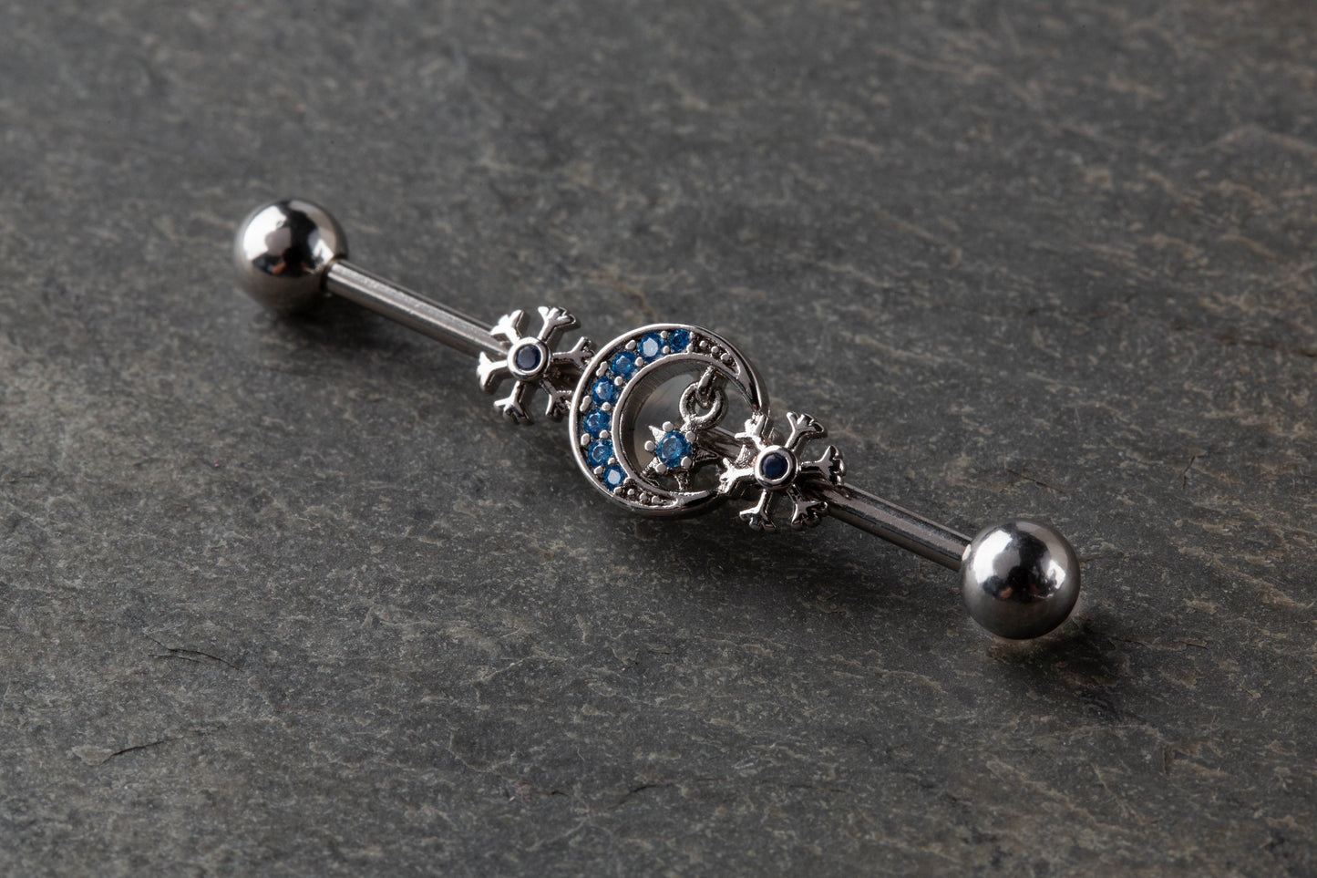 Aqua CZ Crystal Crescent Moon and Snowflakes Industrial Barbell - 316L Stainless Steel