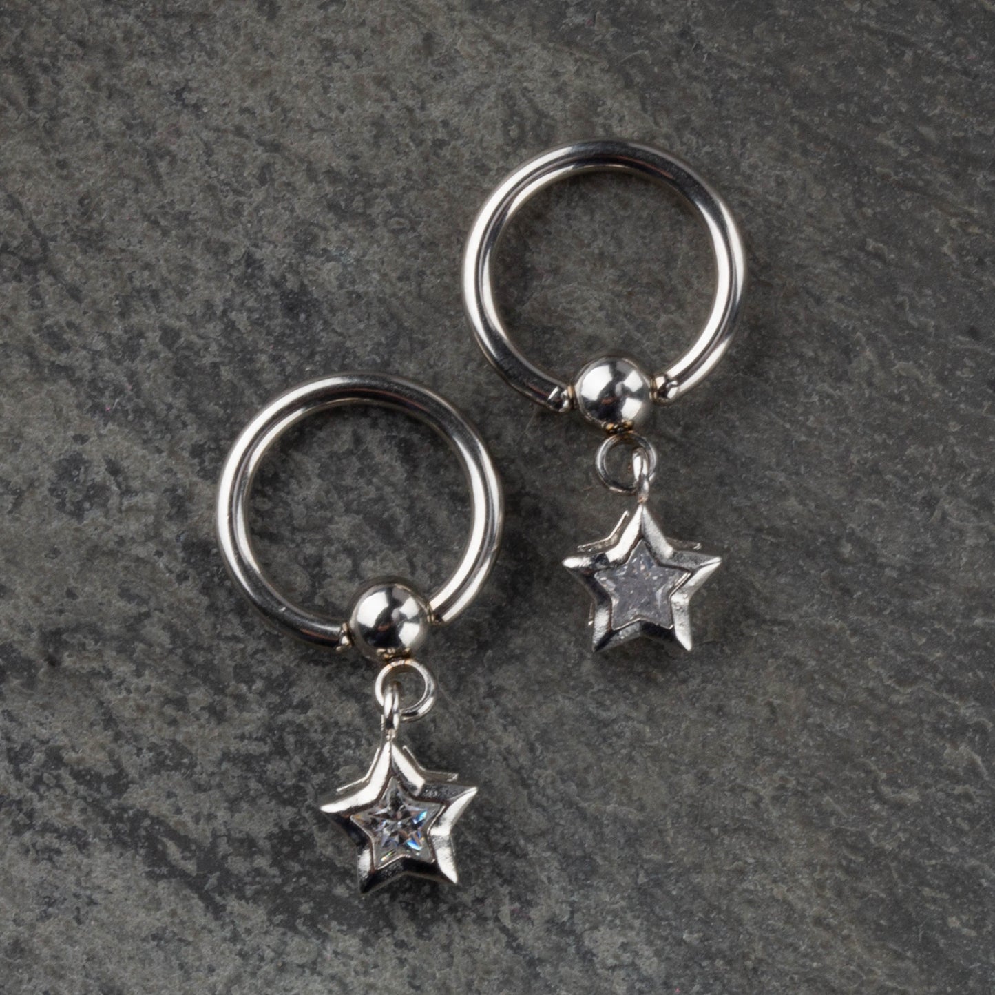 CZ Crystal Star Dangling Captive Bead Nipple Rings - Pair - 316L Stainless Steel