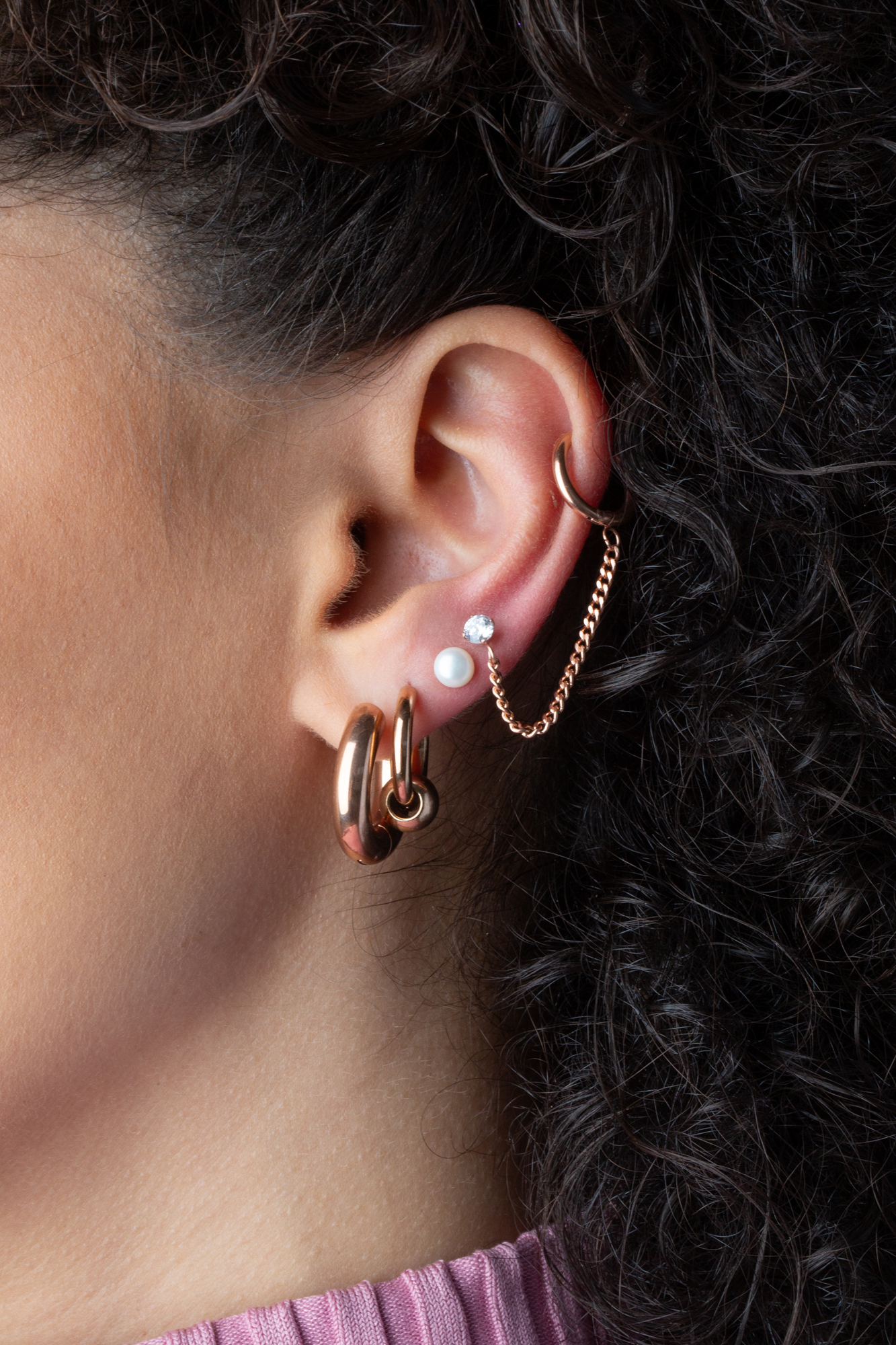 Clicker Hoop Earring and Chain Linked CZ Crystal Cartilage Helix Ear Lobe Barbell Stud
 - Stainless Steel