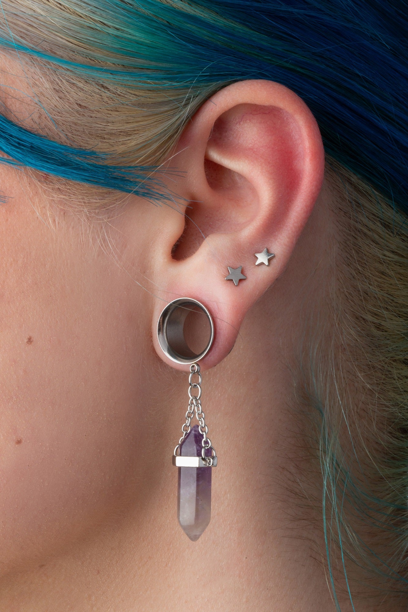 Dangling Amethyst Stone Double Flared Tunnels - 316L Stainless Steel - Pair