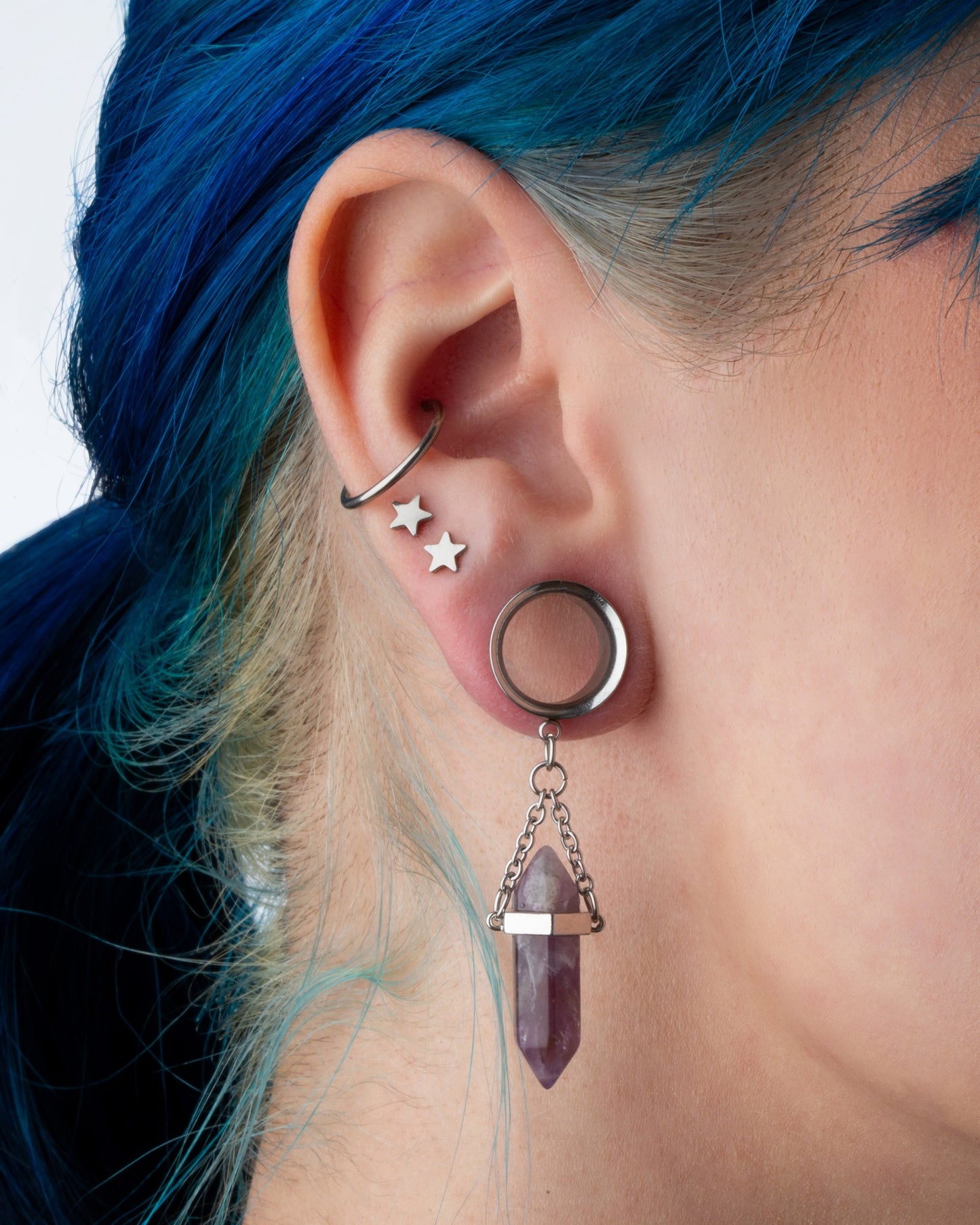 Dangling Amethyst Stone Double Flared Tunnels - 316L Stainless Steel - Pair