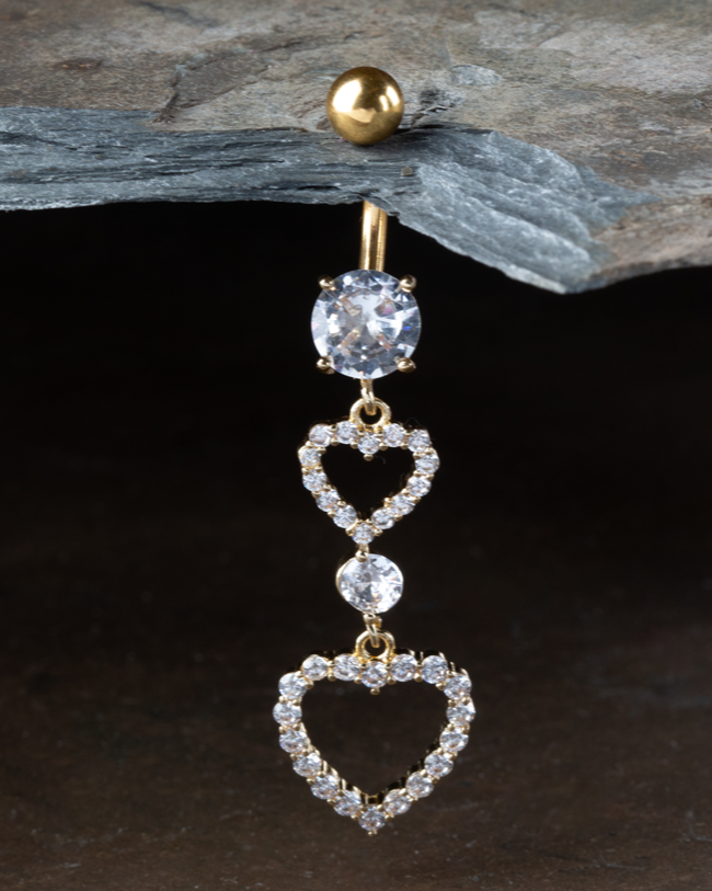 CZ Crystal Double Heart Outline Dangling Belly Button Ring - 316L Stainless Steel