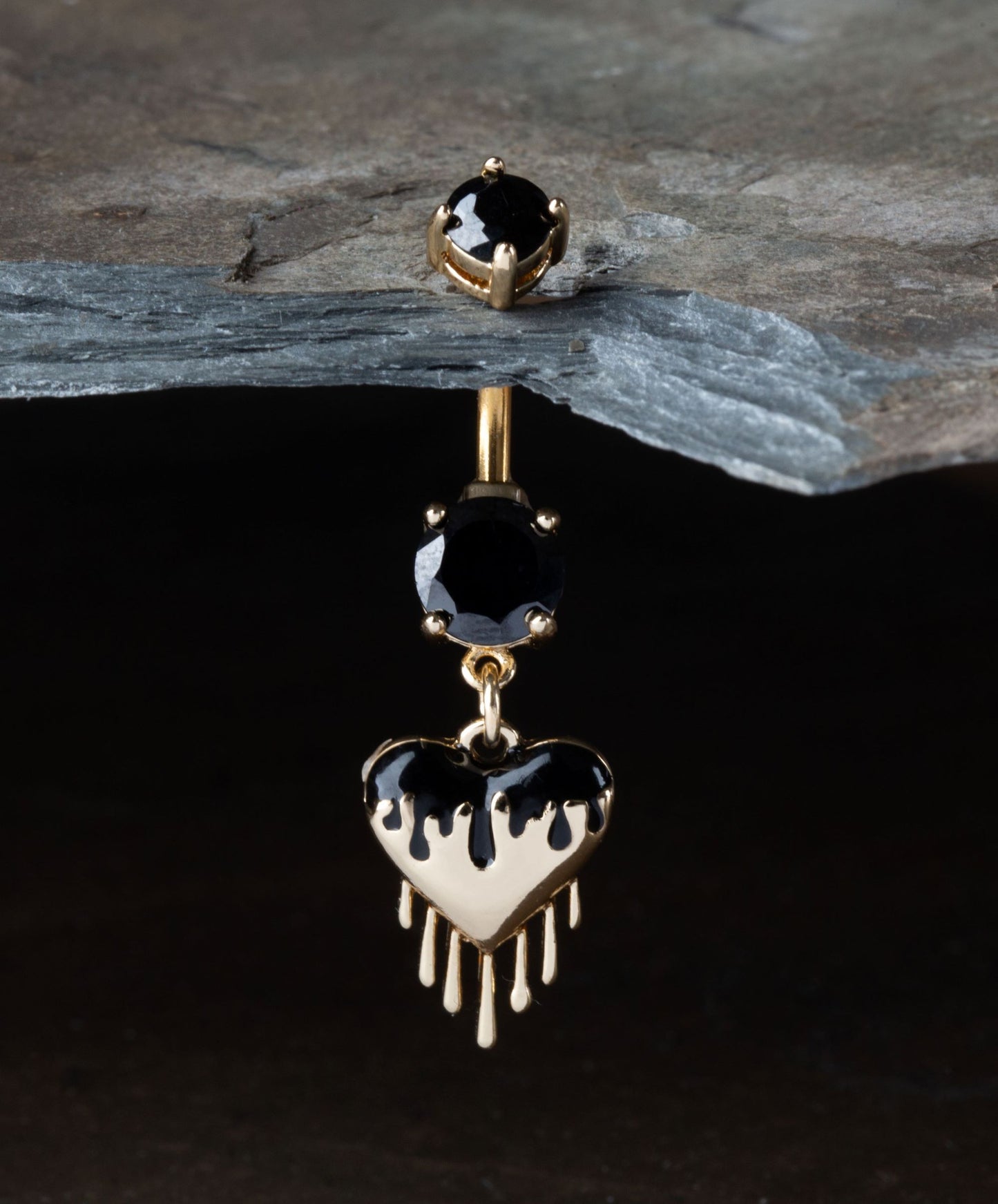 Black CZ Crystal Dripping Heart Dangling Belly Button Ring - 316L Stainless Steel