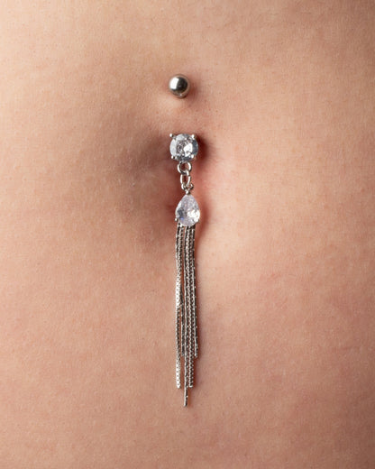 Clear Gem Drop Chain Dangle Belly Button Ring - 316L Surgical Steel