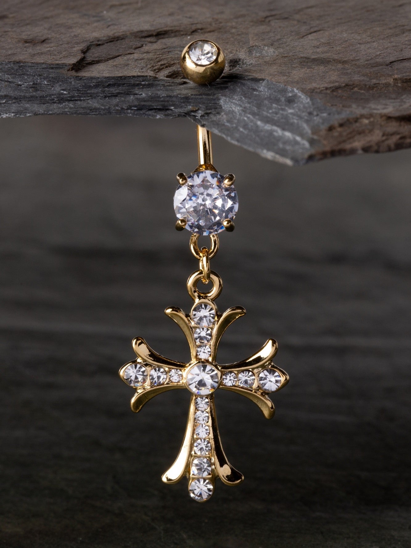 Celtic Cross with Paved Gems Dangling Belly Button Ring - 316L Surgical Steel