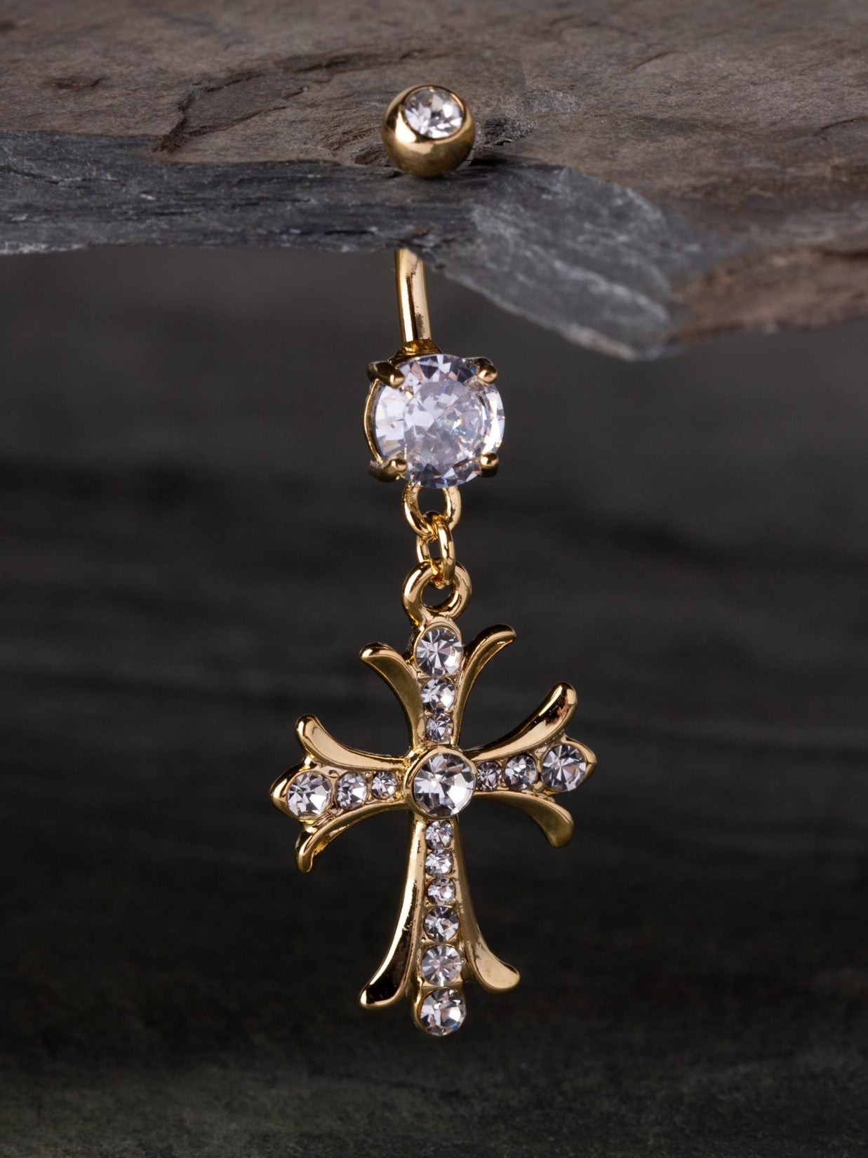 Celtic Cross with Paved Gems Dangling Belly Button Ring - 316L Surgical Steel