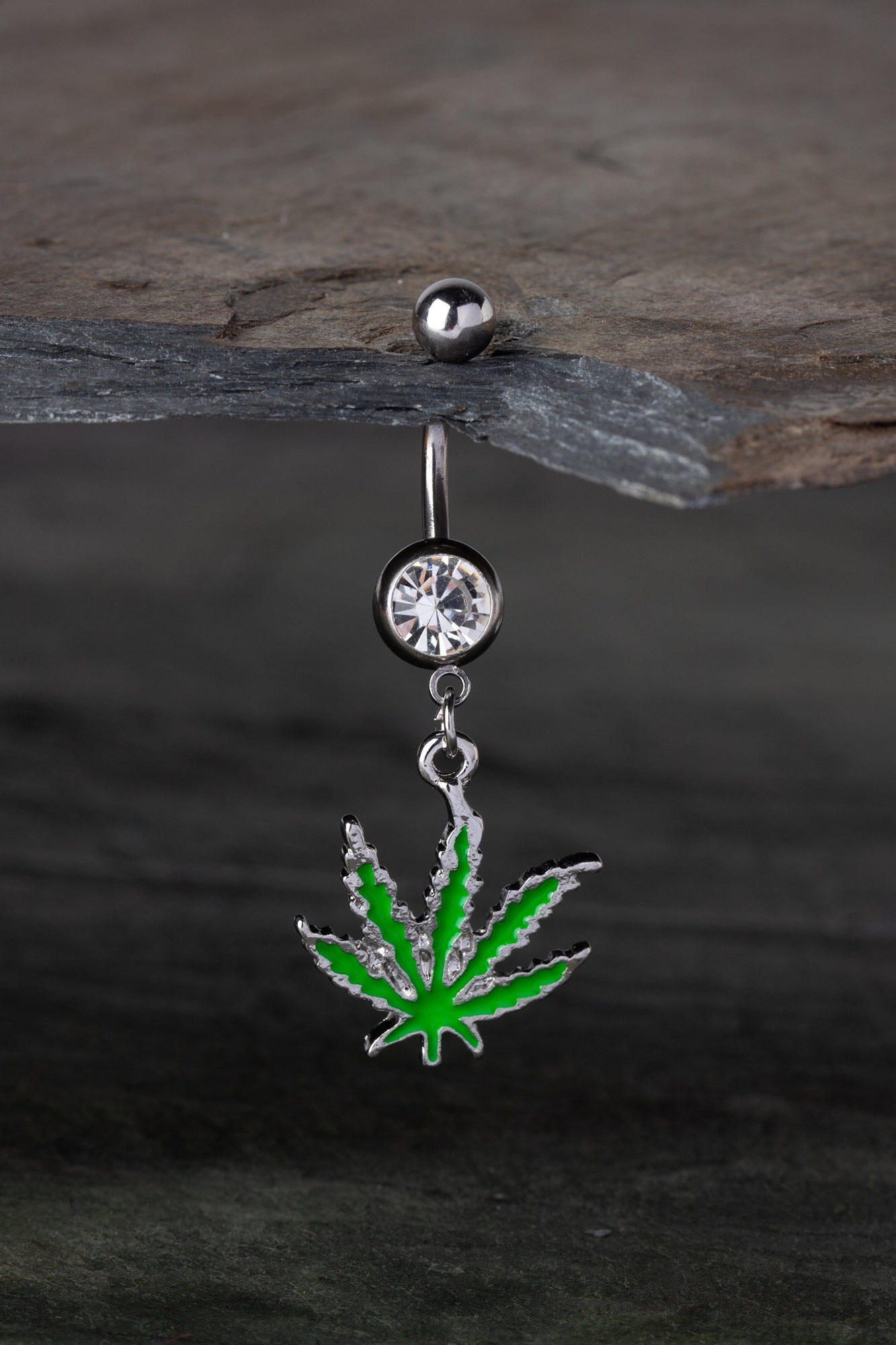 Green Enamel Pot Leaf Dangling Belly Button Ring - Stainless Steel