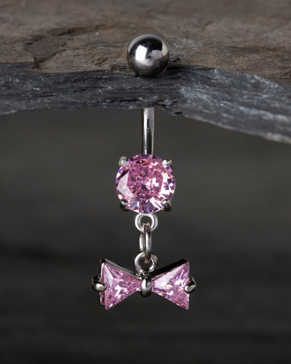 CZ Crystal Bow Dangling Belly Button Ring - Stainless Steel