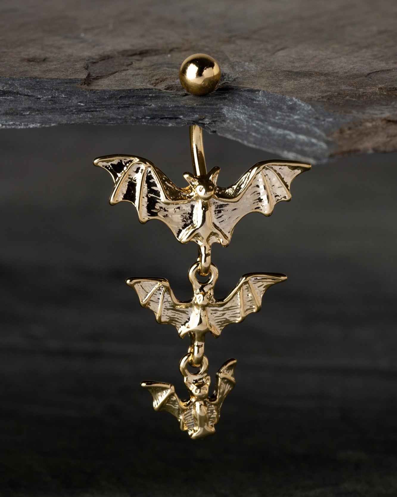 Gothic Triple Vampire Bat Dangling Belly Button Ring - Stainless Steel