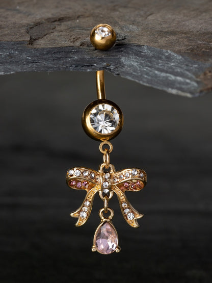 Pink CZ Crystal Paved Ribbon with Dangling Gem Belly Button Ring - 316L Stainless Steel