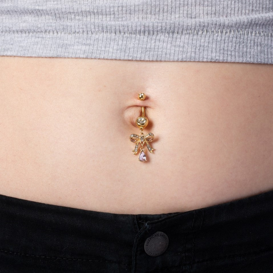 Pink CZ Crystal Paved Ribbon with Dangling Gem Belly Button Ring - 316L Stainless Steel