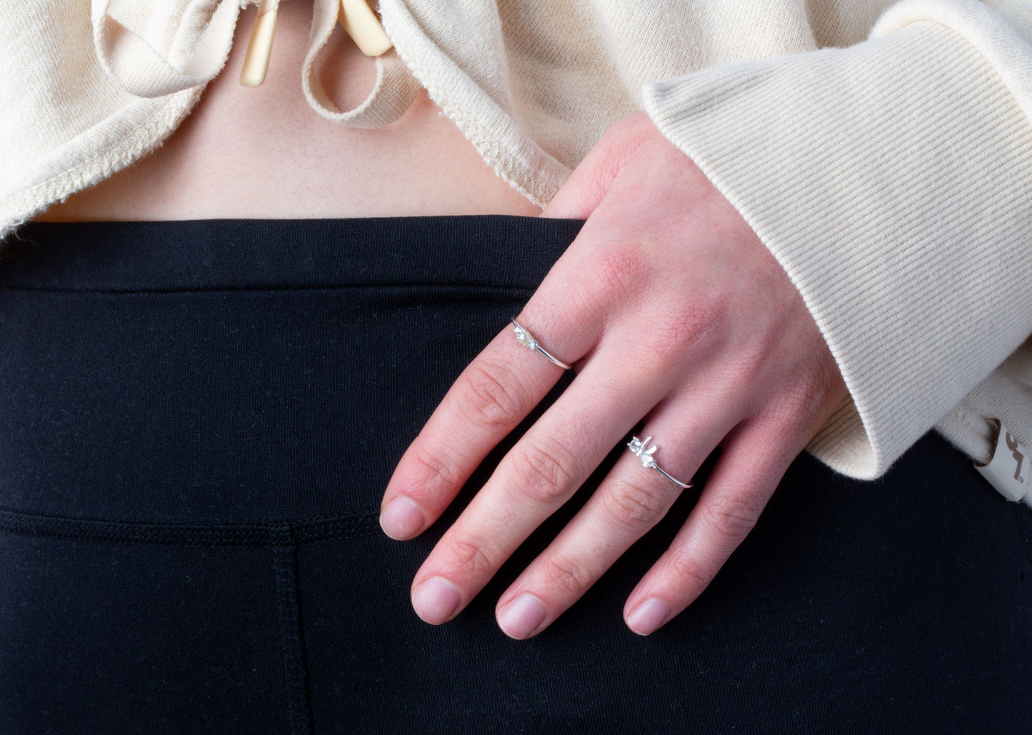 Double CZ Crystal and Synthetic Pearl Ring - 925 Sterling Silver