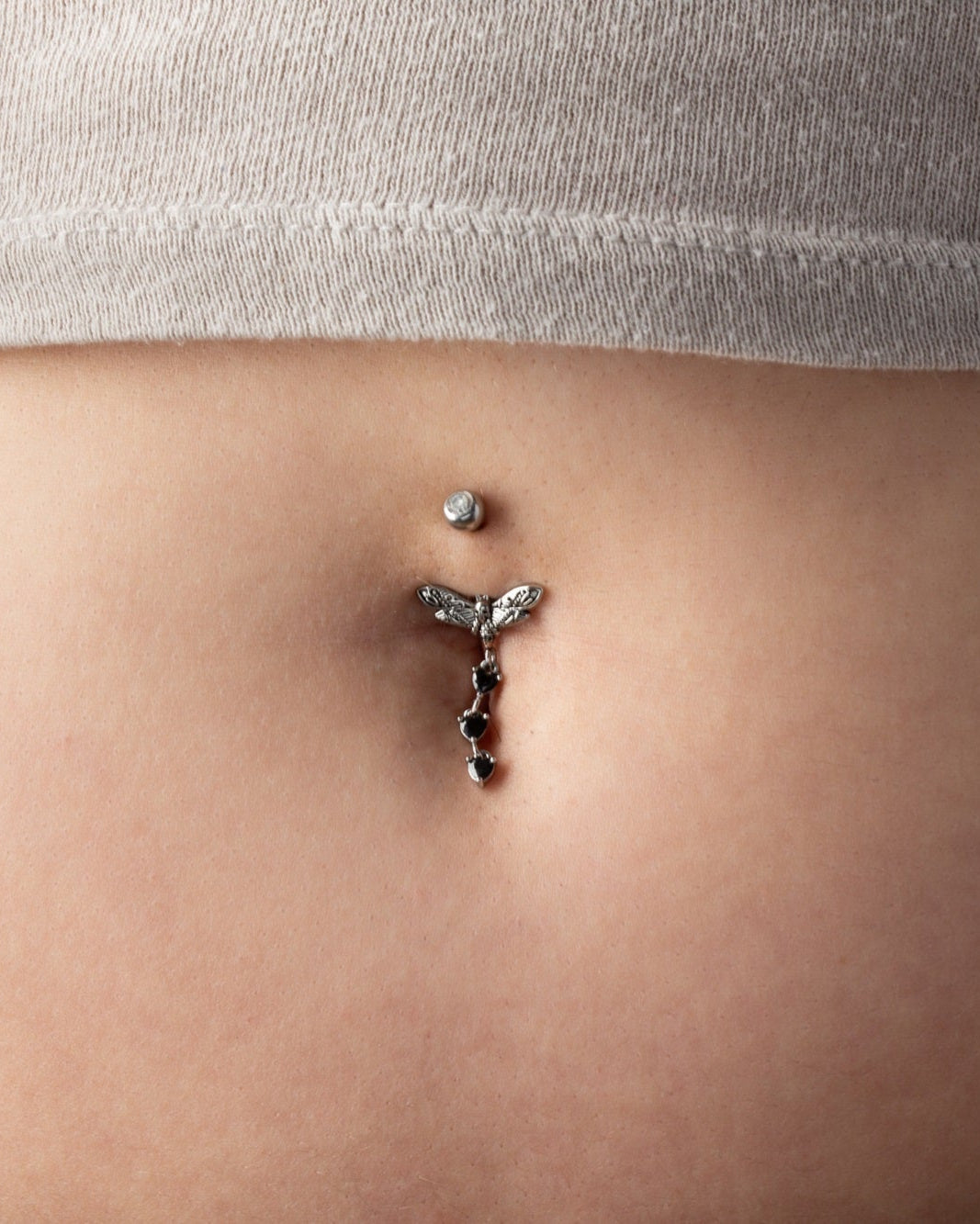 Death Moth Skull Triple Dangling CZ Crystal Heart Belly Button Ring - 316L Stainless Steel